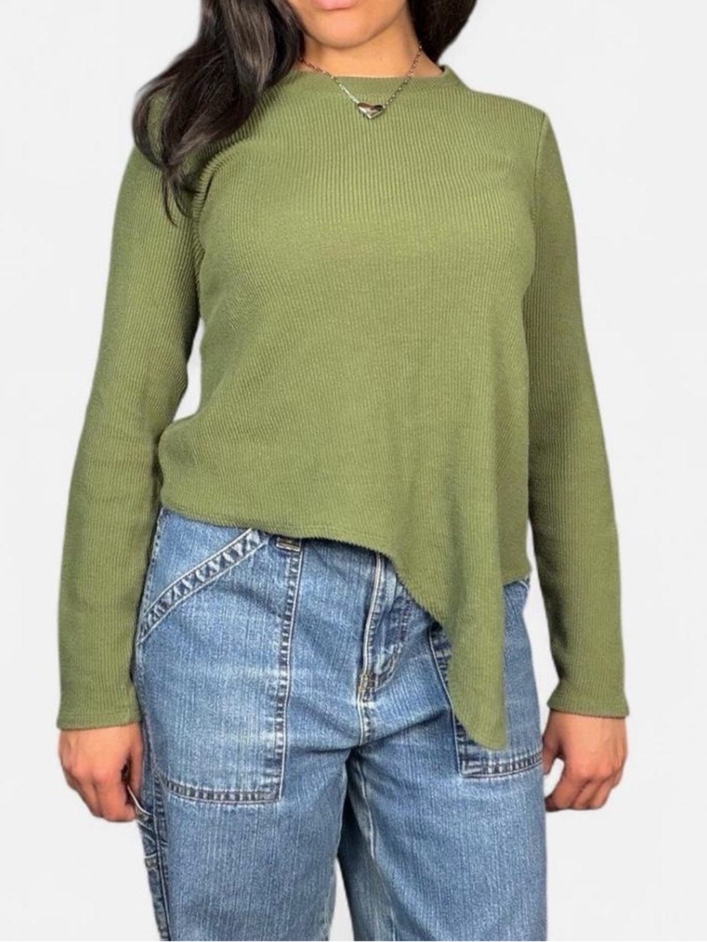 Madewell Olive Green Asymmetrical Long Sleeve Ribbed Top Size Small